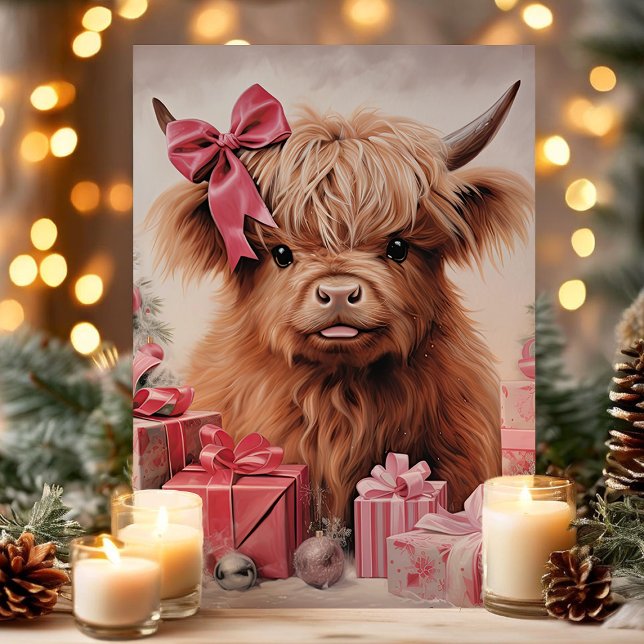 Cartão De Festividades Vaca Highland com Natal Rosa Arco (Criador carregado)