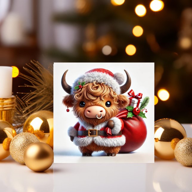 Cartão De Festividades Vaca Highland Santa com Saco de Presentes (Criador carregado)
