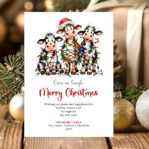 Cartão De Festividades Vacas engraçadas clássicas em aquarela Natal C