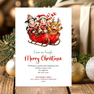 Cartão De Festividades Vacas engraçadas em aquarela Natal Greeting C