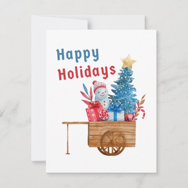 Cartão De Festividades Vagão de Feliz Natal com Boneco de Neve  (Frente)