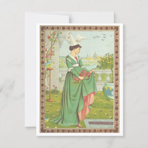 Cartão De Festividades Valentine Antigo Dama Medieval com Flores