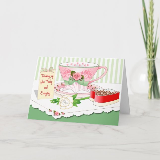 Cartão De Festividades Valentine Card - Tea Cup, Box of Chocolates & Rose (Frente)