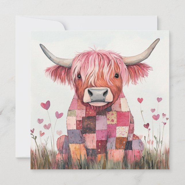 Cartão De Festividades Valentine do Cow Highland em Patchwork (Frente)