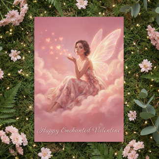 Cartão De Festividades Valentine Fairy on Pink Clouds Fantasy Art