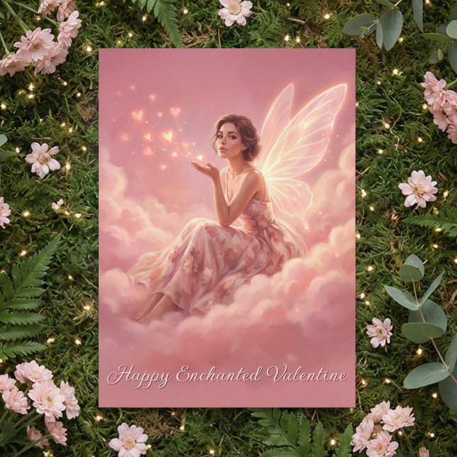 Cartão De Festividades Valentine Fairy on Pink Clouds Fantasy Art (Criador carregado)