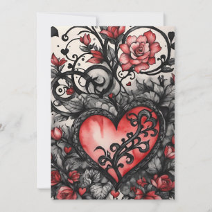 Cartão De Festividades Valentine Gótico Vermelho & Corações e Rosas Preta