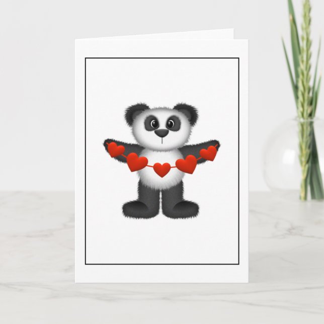 Cartão De Festividades Valentine Panda Bear Holding String of Red Hearts (Frente)