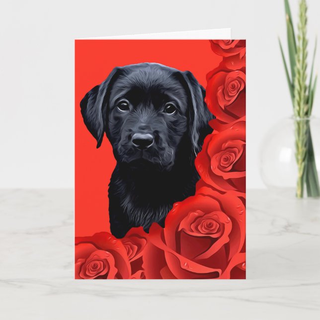 Cartão De Festividades Valentine Puppy Roses - Labrador - Black Lab (Frente)