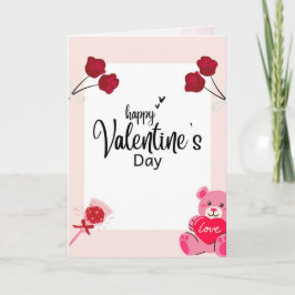 Cartão De Festividades Valentine’s Day Card with Red Roses & Teddy Bear