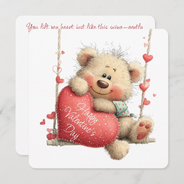 Cartão De Festividades Valentine Teddy Bear on Swing with Heart  (Frente/Verso)