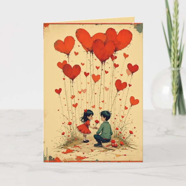 Cartão De Festividades Valentine's Day Card for Kids with Hearts (Frente)