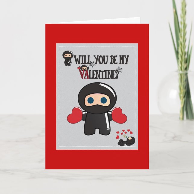 Cartão De Festividades Valentine's Day Card with Cute Ninja Characters (Frente)
