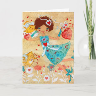 Cartão De Festividades Valentine's Day Cupid Cats with Hearts and Flowers