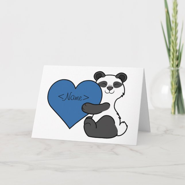 Cartão De Festividades Valentine's Day Cute Panda Bear with Blue Heart (Frente)