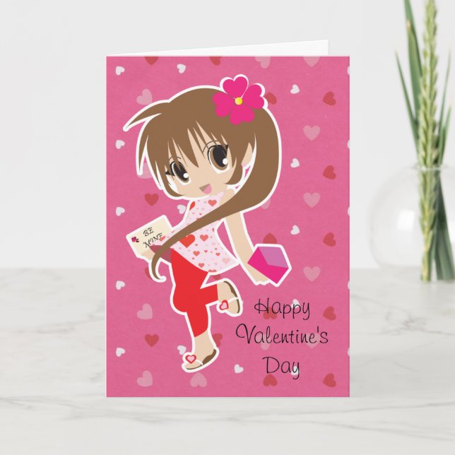 Cartão De Festividades Valentine's Day Cute Pink Chibi Girl with Hearts (Frente)