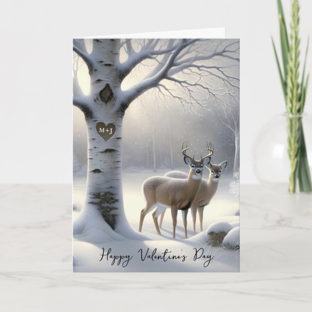 Cartão De Festividades Valentine's Day Deer with Initials on Tree Heart (Frente)
