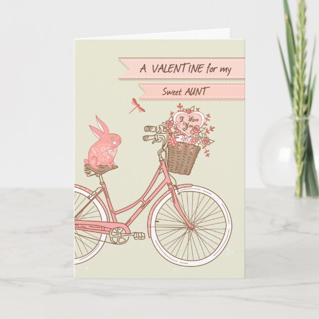Cartão De Festividades Valentine's Day for Aunt, Bicycle, Pink Rabbit (Frente)