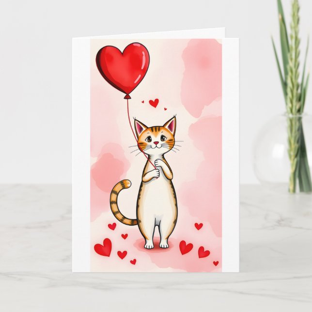 Cartão De Festividades Valentine's Day Greeting Card Cat Red Hearts  (Frente)