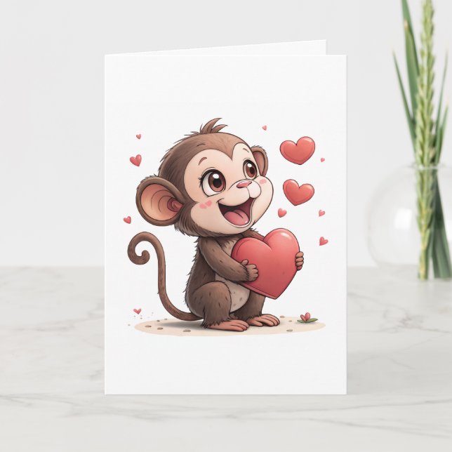 Cartão De Festividades Valentine's Day Greeting Card Monkey Red Hearts  (Frente)