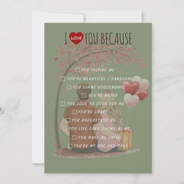 Cartão De Festividades Valentine's Day Sage Green Card I Love You Because (Frente)