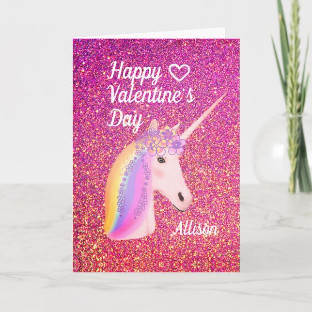 Cartão De Festividades Valentines Day Unicorn Pink Glitter Personalized (Frente)