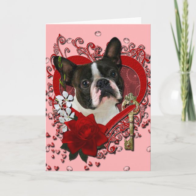 Cartão De Festividades Valentines - Key to My Heart - Boston Terrier (Frente)
