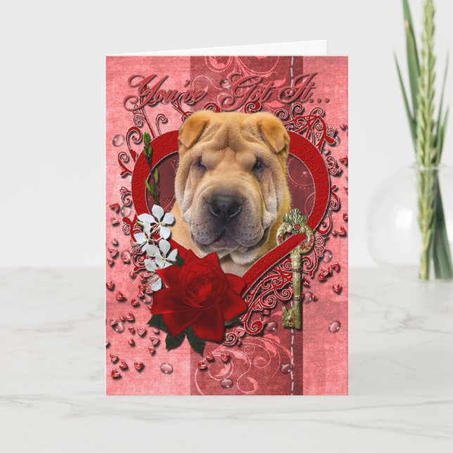 Cartão De Festividades Valentines - Key to My Heart - Shar Pei (Frente)
