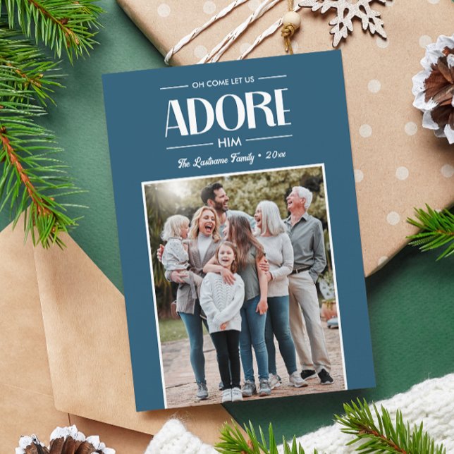 Cartão De Festividades Vamos Adorá-Lo Foto Cristã AZUL (Vertical photo Christmas Card Christian Religious Style to send Holiday greetings this season)