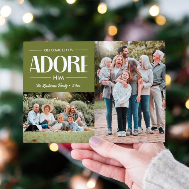 Cartão De Festividades Vamos Adorá-Lo, SAGE Christian 2 Foto (SAGE GREEN 2 PHOTO TEMPLATE CHRISTIAN RELIGIOUS HIOLIDAY GREETINGS CHRISTMAS FAMILY PORTRAIT)