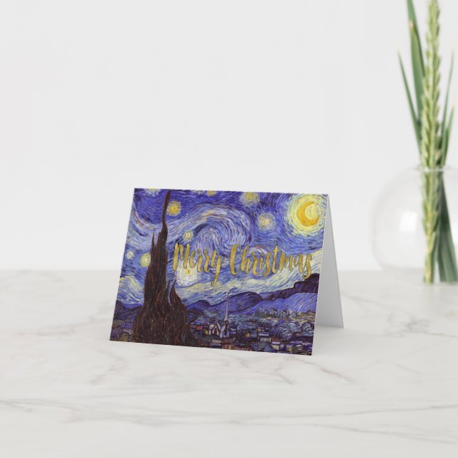 Cartão De Festividades Van Gogh Starry Night Feliz Natal Arte Dourada (Frente)