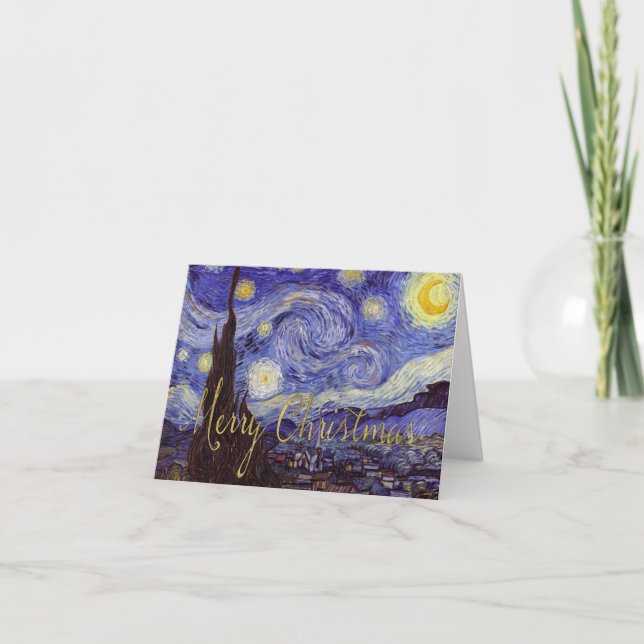 Cartão De Festividades Van Gogh Starry Night Feliz Natal Arte Dourada (Frente)