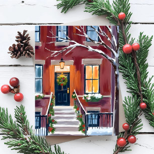 Cartão De Festividades Varanda da Cidade Nevada Aquarela de Natal de In