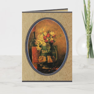 Cartão De Festividades vaso com cravos, rosas e uma garrafa