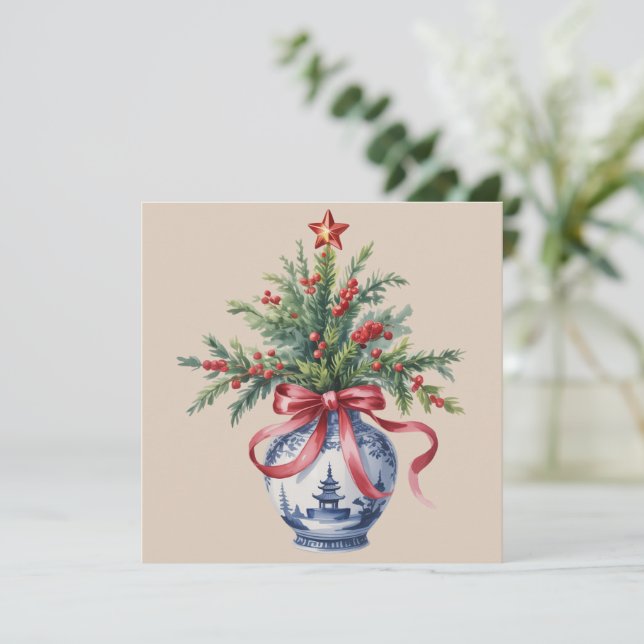 Cartão De Festividades Vaso com Laço Vermelho de Árvore de Natal em Chino (Em pé/Frente)