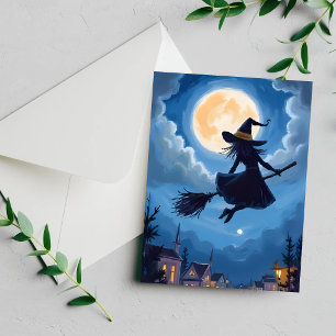 Cartão De Festividades Vassoura de Bruxa ao Luar Halloween Aquarela