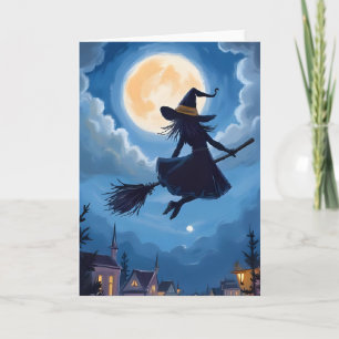 Cartão De Festividades Vassoura de Bruxa ao Luar Halloween Aquarela