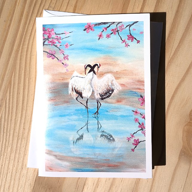 Cartão De Festividades Vazio de guindastes vermelho-japoneses (Japanese Red Crowned Tancho Cranes Acrylic Painting Stationary)
