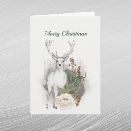 Cartão De Festividades Veado Branco de Natal Floral Aquarela