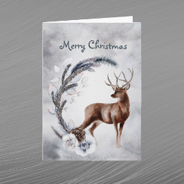 Cartão De Festividades Veado de Natal Pinheiro Floral Aquarela