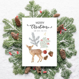 Cartão De Festividades Veado e Botânicos em Aquarela Rústica de Natal
