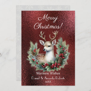 Cartão De Festividades Veado pacífico com Wreath, Vermelho Falso Texturad