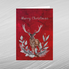 Cartão De Festividades Veado Vermelho de Natal Floral Aquarela