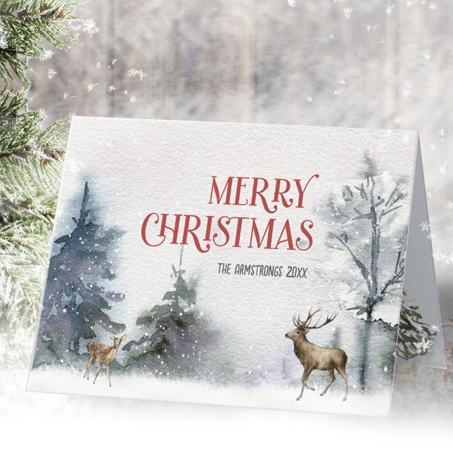 Cartão De Festividades Vedante da Floresta de inverno com Aquarela (Watercolor Winter Forest Deer Holiday Card ©Susanne Sachers - Sunny Mind Design )