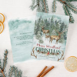 Cartão De Festividades Vedante de Natal da Woodland Winter<br><div class="desc">Deseje à sua família e amigos um Natal de Woodland muito Feliz com este cartão de festas de inverno rústico, com uma família de veados na floresta nevada, e o texto decorado com verde botânico e bagas de férias, emoldurado por um par de galhadas de veados. Entre em contato comigo...</div>