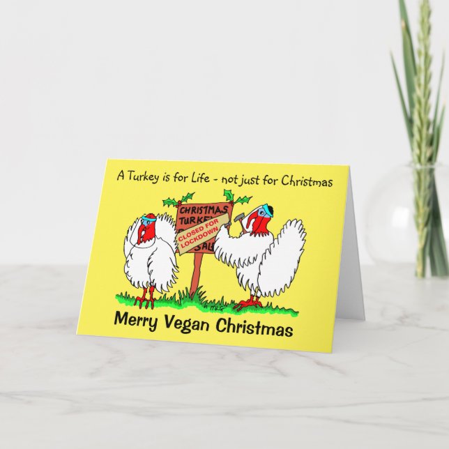 Cartão De Festividades Vegan Cartoon Turkeys Bloqueia Natal (Frente)