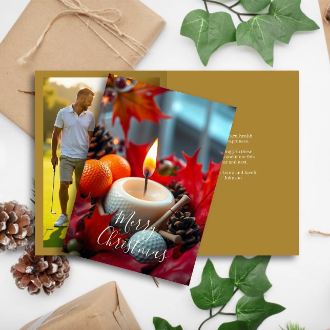Cartão De Festividades Vela de Natal de Golf - Foto da família Dourada (Criador carregado)