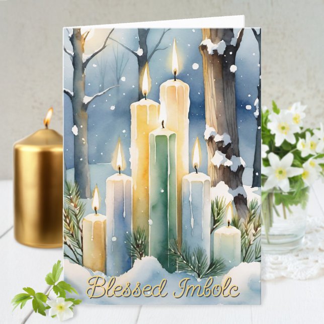 Cartão De Festividades Velas da Floresta de Neve Imbolc, em Candlemas do  (Candlemas Wiccan Imbolc Snowy Forest Candles Holiday Greeting Card)
