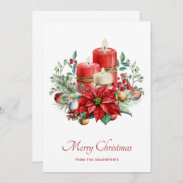 Cartão De Festividades Velas de Aquarela e Poinsettia Natal