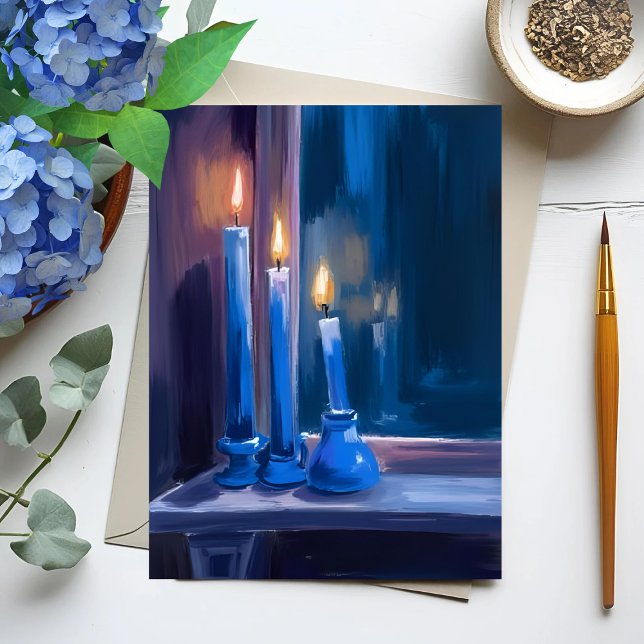 Cartão De Festividades Velas de Chanucá Azul Aquarela (Criador carregado)